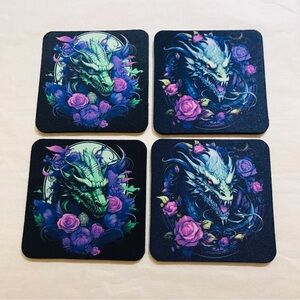 Green Dragon Floral Neoprene Coaster Set Handmade